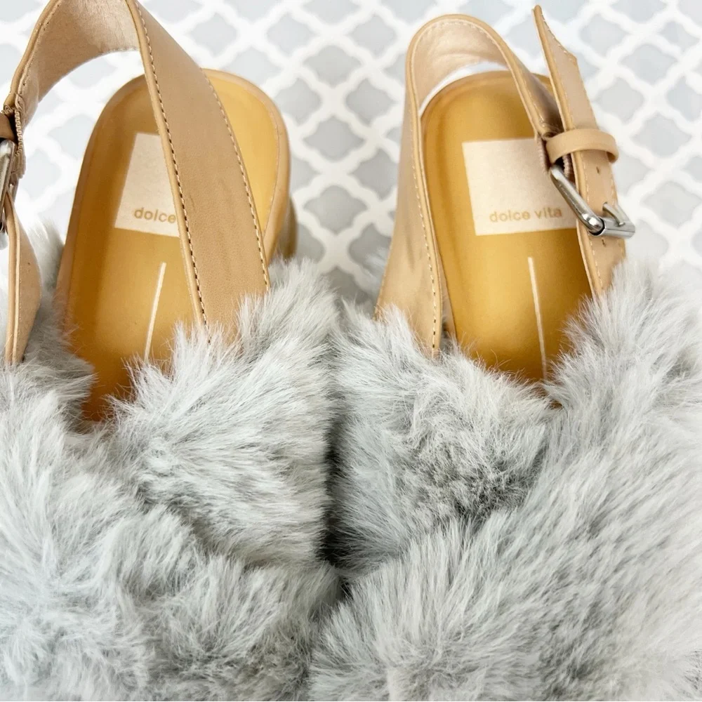 NWOB Dolce Vita Grey Faux Fur Ankle Strap Wedge Sandal